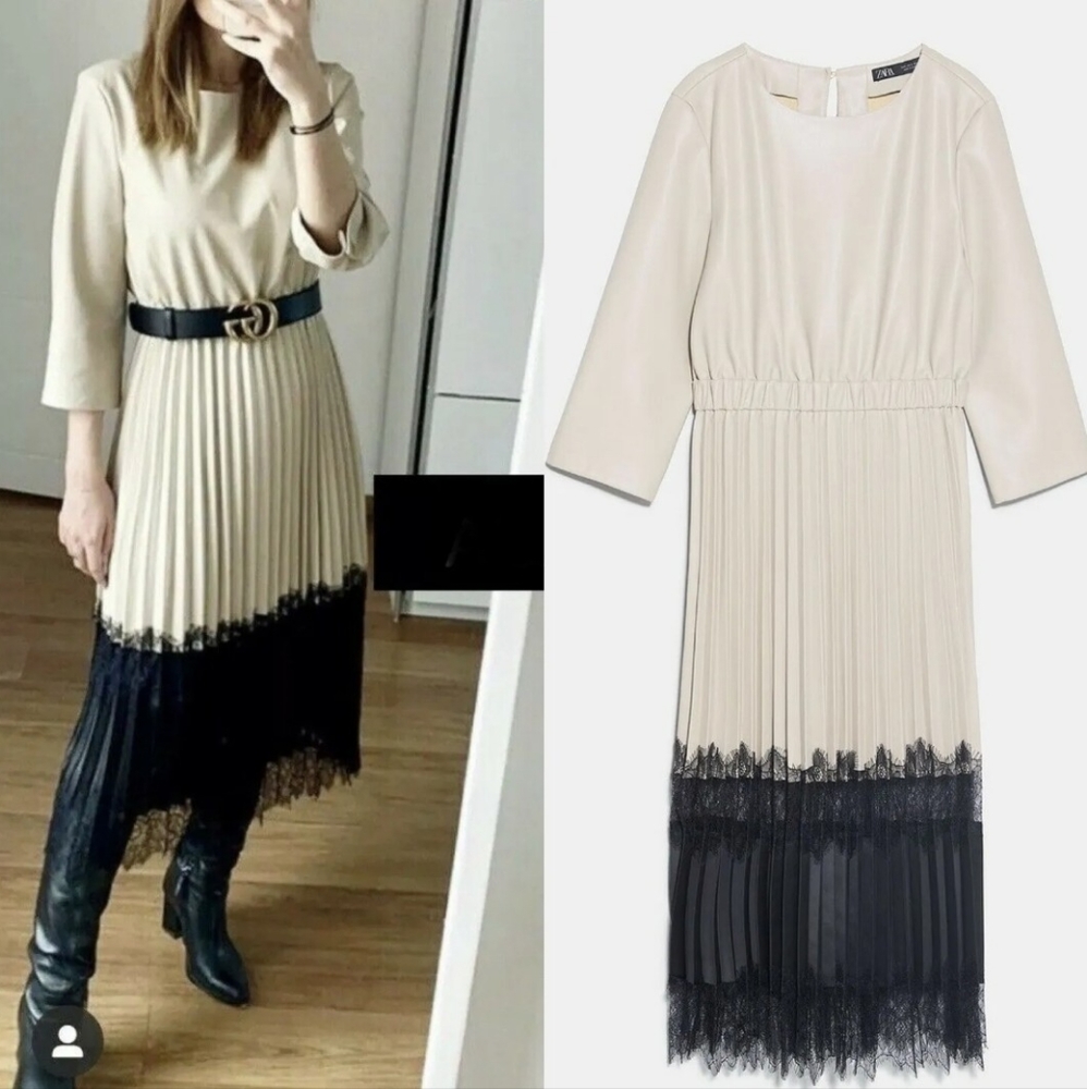 NWT_ZARA CONTRASTING FAUX LEATHER PLEATED MIDI DRESS